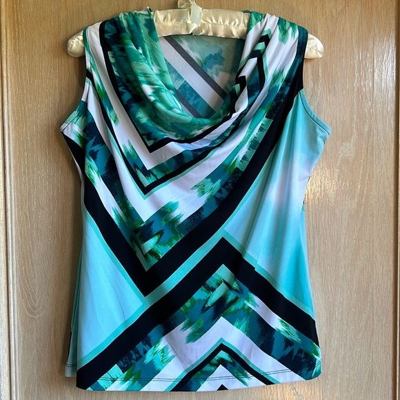Calvin Klein Teal Black Green Geometric Sleeveless Poly Spandex Blouse Size M - Picture 1 of 9